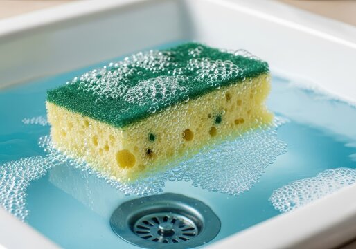 Wet porous cleaning sponge soaking in a clear, bubbly sanitizing liquid in a small kitchen sink basin or sturdy glass bowl after heavy use, bacteria, sterilization, upkeep