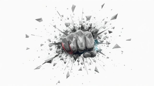 Clenched fist punches through geometric shapes visualized as sharp polygons and fragments on white background with dynamic motion blur