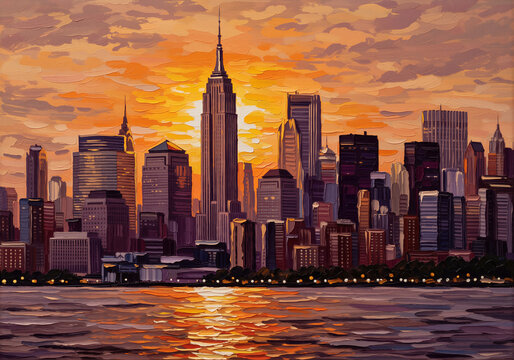 New York skyline sunset painting with warm reflections on water