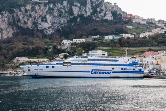 Capri, Italy - 7. March 2026: Caremar ferry Isola di Procida docking in Capri harbor, Italy