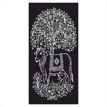 Kamadhenu Holy Cow and Calf under Kalpavriksha Tree &ndash; Sacred Hindu CNC Panel