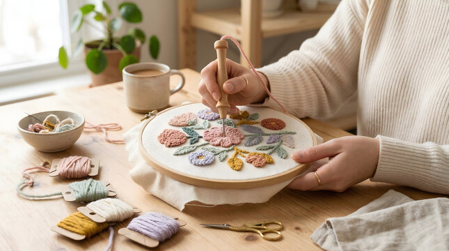 artisan woman using a punch needle tool to create a textured floral pattern on white fabric in a wooden embroidery hoop with pastel yarn spools and tea on a wooden workbench