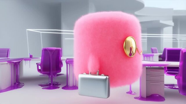 Furry character in surreal office with dripping purple goo