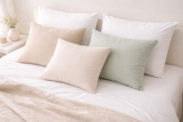 Obraz premium Minimalist bedroom interior with soft neutral pillows and cozy bedding arrangement