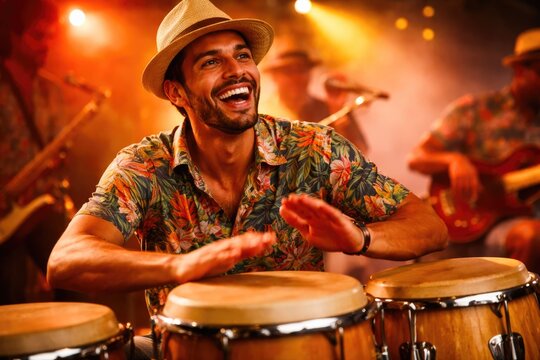 Happy musician playing conga drums on stage during lively concert performance with warm lighting