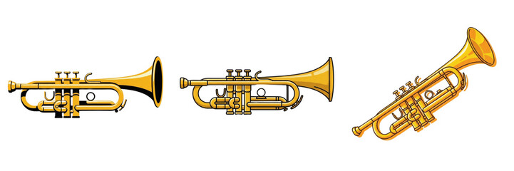 Obraz premium Golden Trumpet Set Illustration Isolated on White Background, Brass Musical Instruments Collection