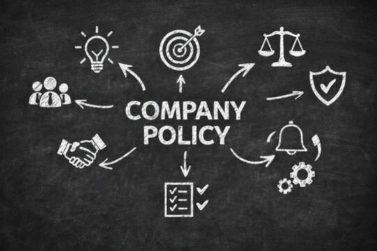 Corporate policy diagram with icons teamwork strategy and management on chalkboard