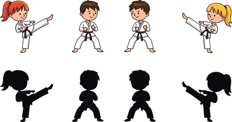 Cartoon Kids Karate Characters Set with Martial Arts Poses and Silhouette Figures for Training, Sports Education, and Activity Illustration © DarparajDab