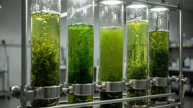 Medium shot of clear tubular reactors filled with green algae showcasing lightpenetrated cultivation for nutrientdense biofertilizer production.