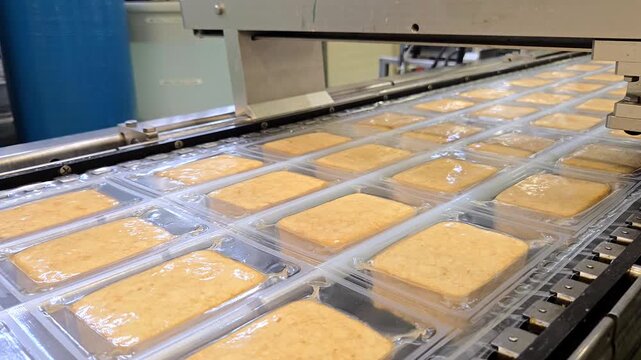 Finished vacuum-packed smoked tofu on a blue industrial conveyor belt, final stage of production.