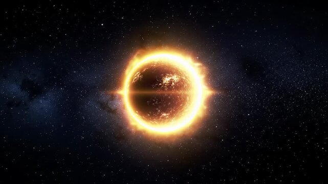 Solar eclipse time-lapse video. Luminous sun obscured by dark moon, golden ring and corona against deep blue-black cosmos with stars. Majestic universe concept