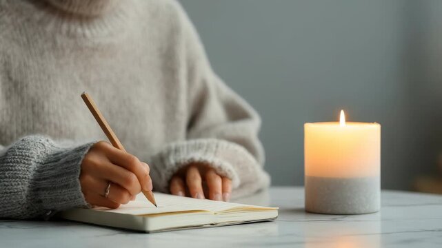 A person in a warm sweater writes thoughtfully in a journal next to a glowing candle. The serene setting evokes relaxation, mindfulness, and creative inspiration for self reflection