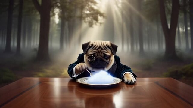 Pug dog in suit eating glowing substance