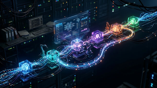 A futuristic digital network with glowing data streams connecting multiple processing nodes in a dark, high-tech server environment.