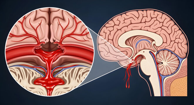 Brain cross section diagram showing hemorrhagic stroke and bleeding