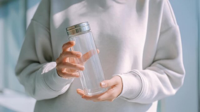 Close up of female hands presenting a clear glass bottle, emphasizing zero waste and plastic free living. Perfect for themes of healthy habits, environmental care, and daily hydration routines