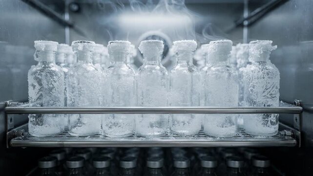 Medium shot of pilotscale lyophilization process showcasing vials on shelves inside a freeze dryer during the icesublimation phase with visible frost buildup.