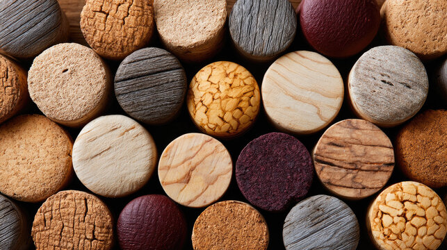 Wine corks textured background showing a varied collection of natural stoppers with wood tones and wine stained hues, ideal for celebration, recycling and rustic design themes