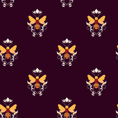 Obraz premium Seamless pattern with bees and flowers. Small wasp. Vector illustration. Design for invitation, cards, textile, fabric. Doodle style.