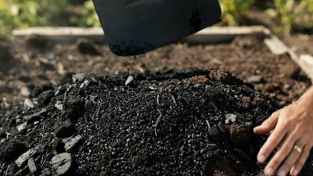 Medium shot focusing on the mixing process of biochar with varied textures in compost emphasizing balanced soil amendment and optimized microbial growth.