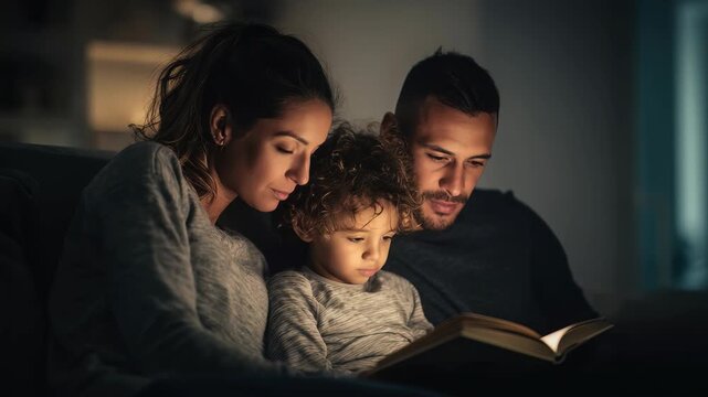 A mother, father, and their child sit closely on a couch, illuminated by soft light, sharing a bedtime story. The scene captures family togetherness, comfort, and nurturing moments