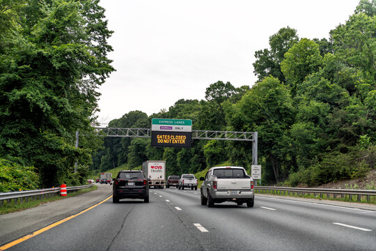 Quantico, USA - May 27, 2025: Toll road express highway lanes gates closed do not enter sign for Ezpass only exit in Virginia