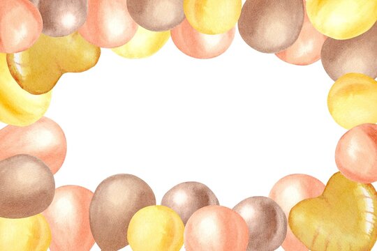 A vibrant rectangular frame of yellow, orange, and brown balloons and a heart, hand-painted in watercolor on an isolated background. Simple clip art with space for text for birthday or party decoratio
