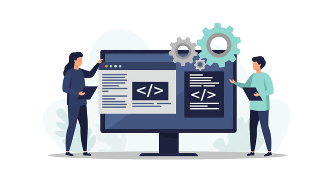 Two people standing beside a large computer monitor displaying coding on its screen with gear icons in the background, illustration.