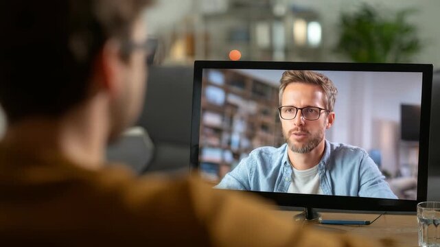Focused male employee participates in a virtual business conversation, sitting at his desk in a modern home workspace. Online teamwork and remote work technology are highlighted