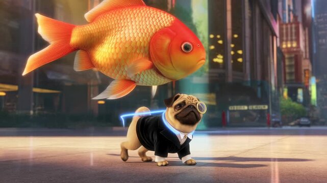 Pug in suit with monocle and large goldfish
