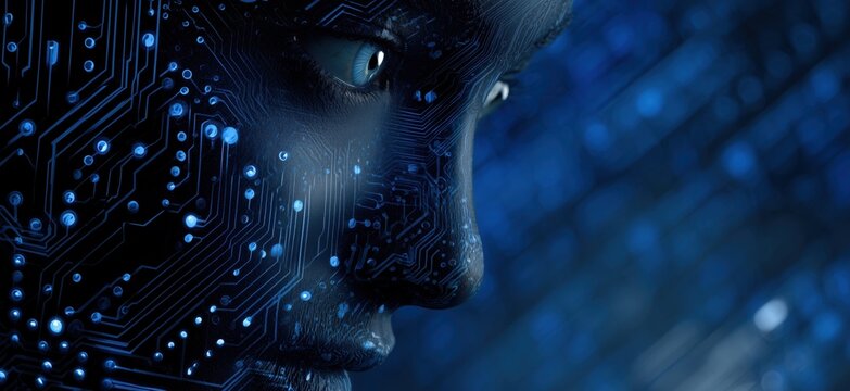 artificial intelligence and emmanuel drapeau in a blue digital background with a circuit board, an artificial intelligence concept Generative AI