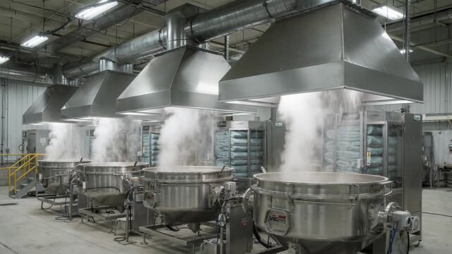 Medium shot of sparkresistant ducted hoods capturing combustible dust from mixers feeding filtered air into specialized sparksafe units for enhanced fire prevention.