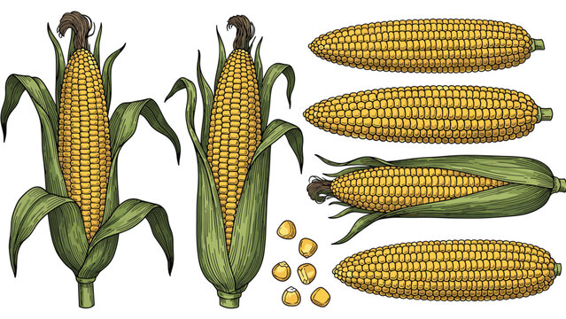 Hand drawn botanical illustrations of corn cobs with green husks and yellow kernels including individual grains isolated on a clean white background.