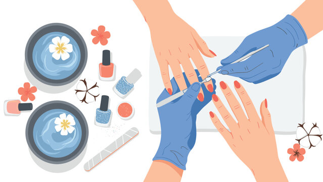 Professional manicure process is shown from above with a nail technician working on a client's fingernails in a luxury beauty salon.