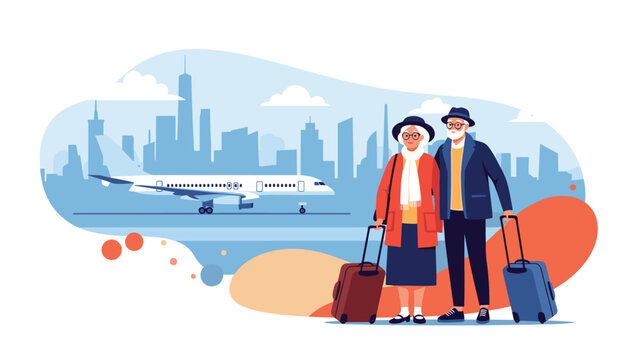 Senior couple with luggage stands at an airport with a city skyline and a white airplane on the runway preparing for a holiday flight.