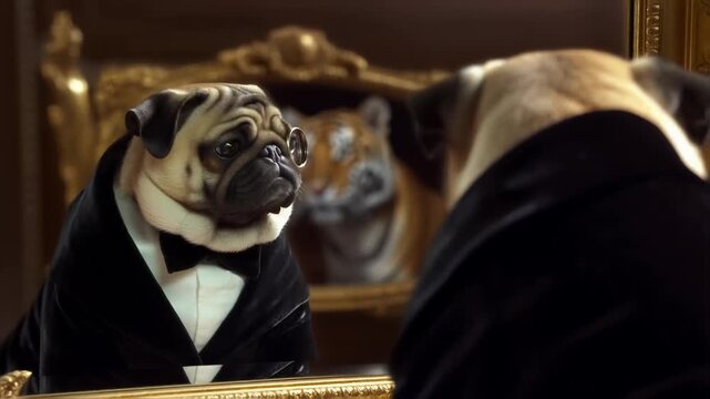 Pug in tuxedo looks at tiger reflection