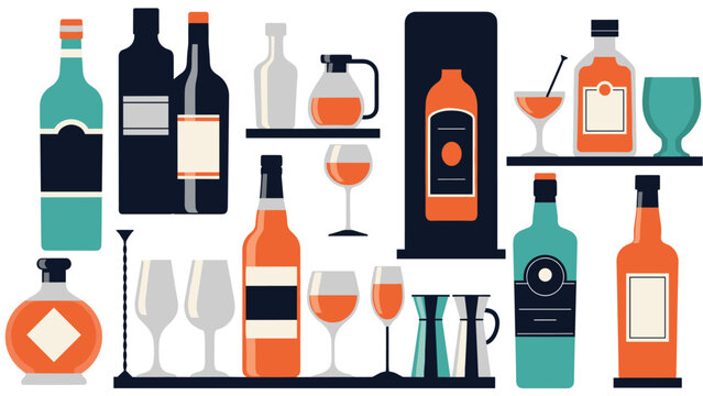 Flat design collection of bar essentials features various alcoholic drink bottles with glassware and mixing tools on professional shelves.