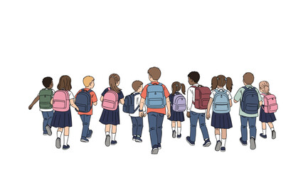 Fototapeta premium Group of diverse school children seen from behind walking together with backpacks for educational trip or back to school season.