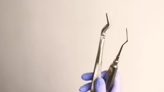 Macro view of dentist holding extraction forceps and root tip elevator showing professional dental surgery instruments prepared for precise tooth removal and clinical oral healthcare treatmen