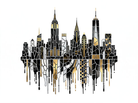 Elegant New York skyline mosaic illustration with black white gold details