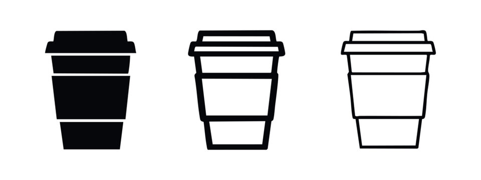 Disposable coffee cup icon set. Hot beverage takeaway container in solid, outline, and thin line styles.