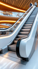 Fototapeta premium Person walking up modern airport escalator, traveling between terminal levels, motion and progress in transportation journey and urban mobility