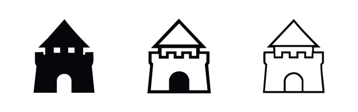 Castle Tower Icon Set with Pointed Roof and Battlements in Solid, Filled Outline, and Outline Styles