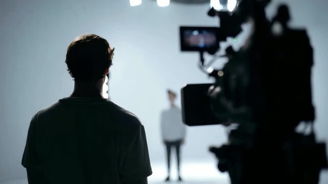 A person is filmed in a minimalist studio with dramatic lighting, creating a moody and artistic scene. The camera setup and blurred background emphasize the filmmaking environment