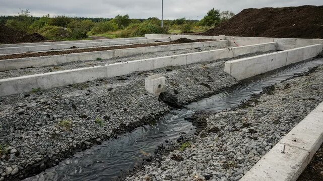 Medium shot of concrete trenches lined with gravel efficiently channeling compost runoff for environmental leachate management and treatment processes.
