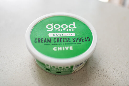 Roseland, USA - March 14, 2025: Good culture, probiotic cream cheese spread chive flavor cultured dairy product studio shot