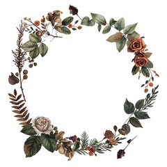 Fototapeta premium Autumnal floral wreath with roses, leaves, and berries Image