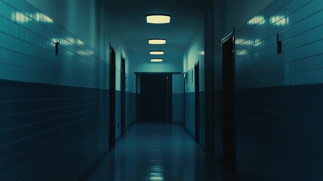 Dark long hallway with multiple doors and recessed lights creating a spooky atmosphere, evoking feelings of fear, uncertainty, and the unknown in an empty building corridor