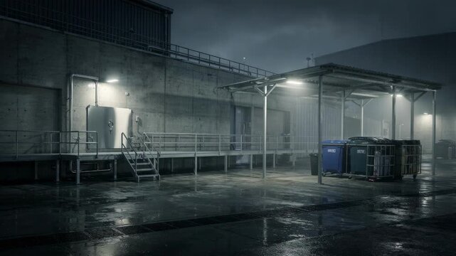 Rainsoaked factory exterior featuring waterresistant hygiene infrastructure and covered waste zones with subdued lighting and misty atmosphere.