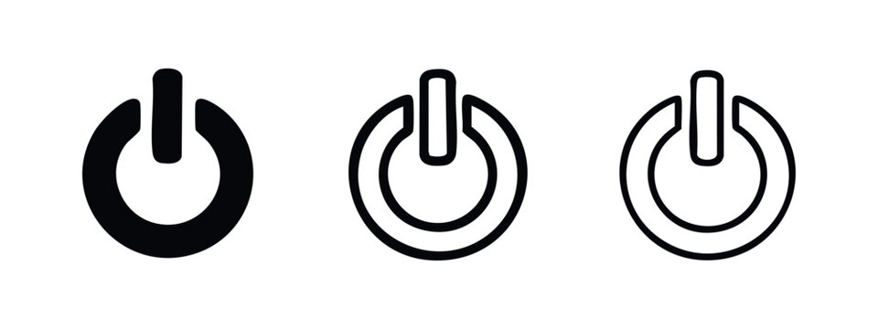 Power on off button icon set in various styles. User interface elements for start, shutdown, and toggle functions.